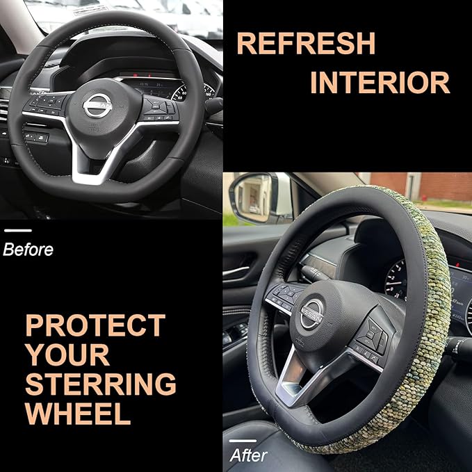 PINCTROT D Shaped Chenille Leather Steering Wheel Cover, Soft Mottled Colors, Sweat-Proof, Non-Slip Grip, All-Season Comfort,