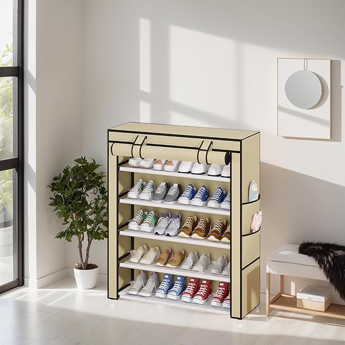 Laiensia 5-Tier Vertical Shoe Rack Organizer, Space Saving Shoe Storage Organizer, Non-Woven Cover Shoe Shelf Holds 20-25Pair