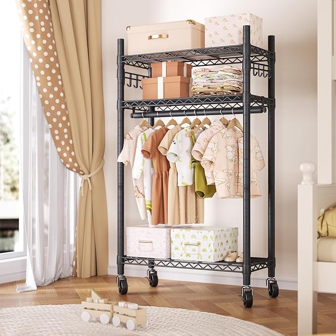 Heavy Duty Clothes Rack Rolling Garment Rack,3 Tier Adjustable Wire Shelving Clothing Racks for Hanging Clothes with Hanger R
