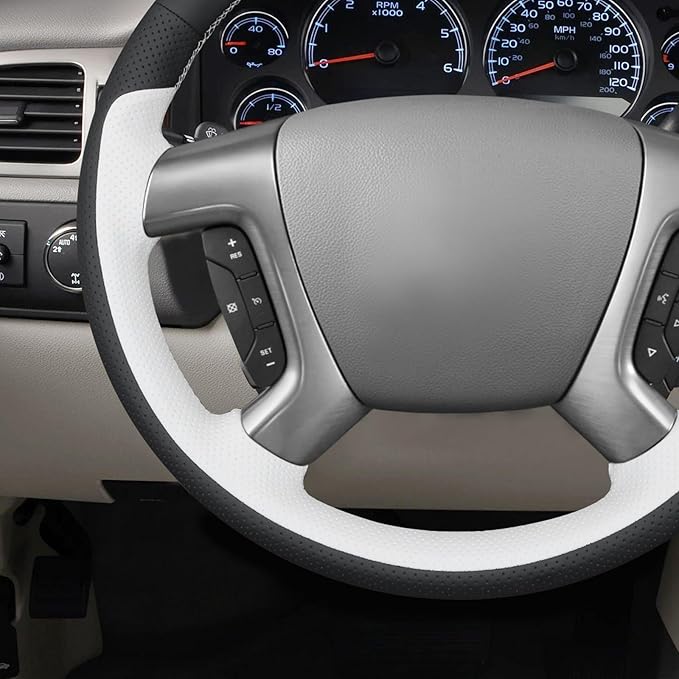 MEWANT Hand Stitch Steering Wheel Cover for Chevy Silverado 1500 Avalanche Black White Faux Leather Steering Wheel Wrap