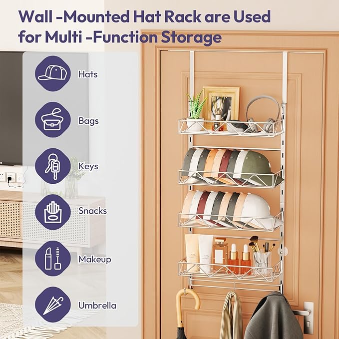 SWTYMIKI Over Door Hat Organizer - 5 Tier Wall Mounted Hat Rack with 4 Adjustable Metal Basket Heights Design and 3 Hooks, Ba