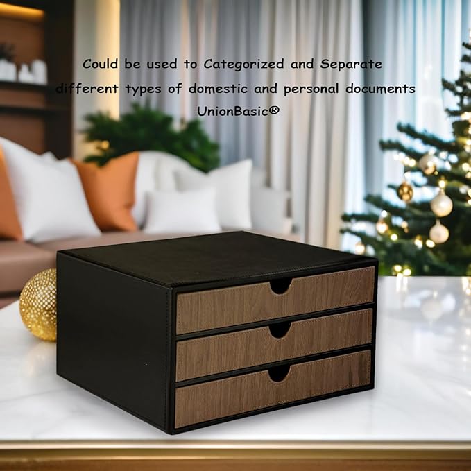 UnionBasic Document Organizer, 3-Drawer File Cabinet Document Storage Box, Office Desktop Filing Organizer, Black with Wood G