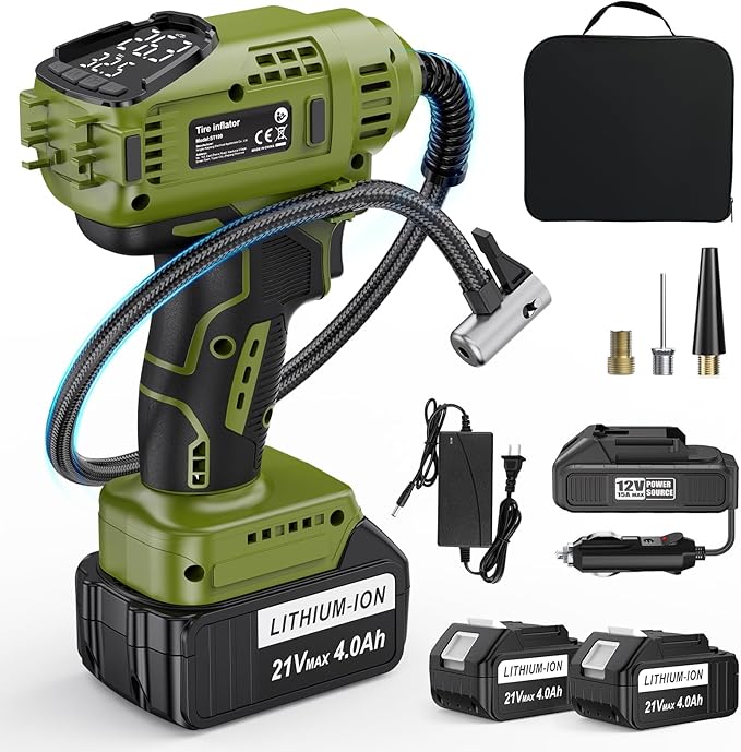 TREE.NB Cordless Tire Inflator Portable Air Compressor with 2 21V Battery Powered Air Pump Portable Tire Inflator for Car 150PSI with Dual Power Supply Modes, LED Light