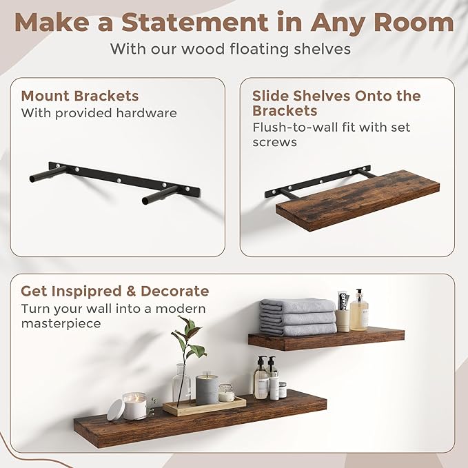 40 Inch Floating Shelves for Wall Set of 2, 8"D Wood Grain Bathroom Shelves with Invisible Brackets, Easy Install Engineered 