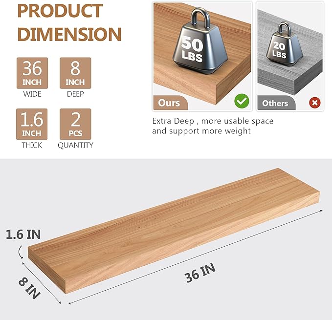 Floating Shelves, Deep USA-Sourced Rustic Elm Wood Wall Shelves for Storage, 8 Inch Deep Wall Mounted Display Shelving with I