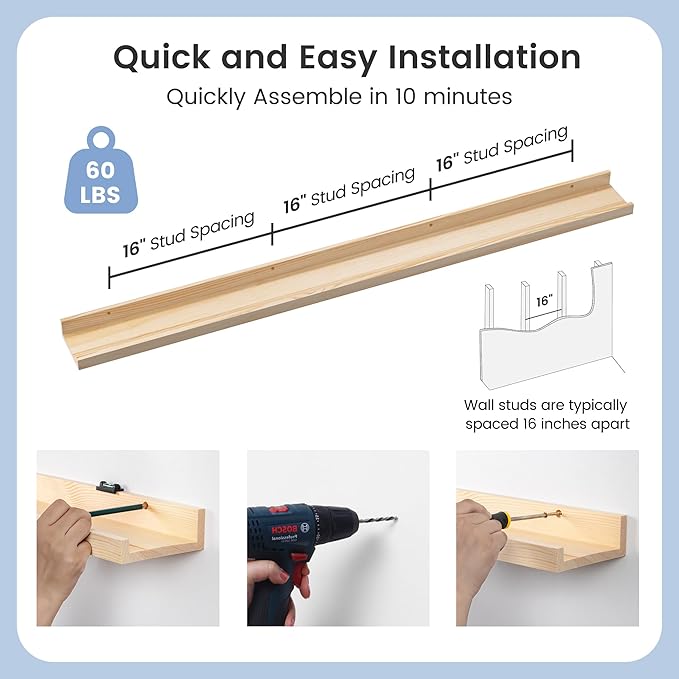Picture Ledge Shelf, Floating Shelves Set of 2, Solid Ash Wood 56'' Long Large Nursery Book Shelves for Toys Storage, Kids Bo