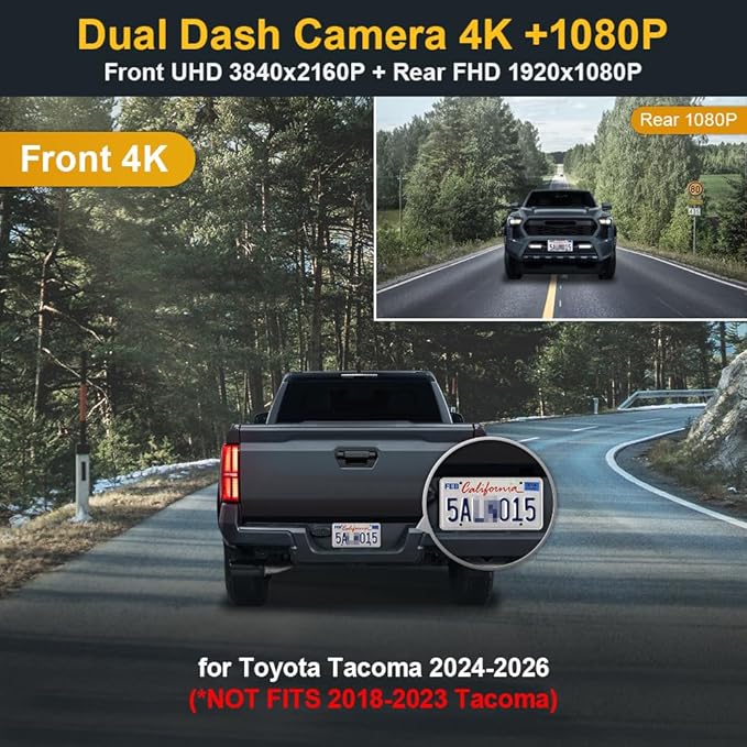 Fitcamx Front 4K+Rear 1080P Dash Cam Adapts for Toyota Tacoma & Hybrid 2024-2026, Integrated OEM Look, 2 Way HD Video, WiFi &