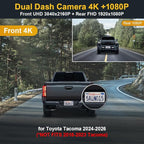 Fitcamx Front 4K+Rear 1080P Dash Cam Adapts for Toyota Tacoma & Hybrid 2024-2026, Integrated OEM Look, 2 Way HD Video, WiFi &
