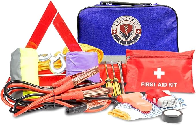 Roadside Car Emergency Kit - First Aid Set, Jumper Cables, Tow Strap, LED Flash Light, Rain Coat, Tire Pressure Gauge, Safety