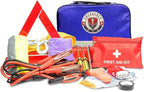 Roadside Car Emergency Kit - First Aid Set, Jumper Cables, Tow Strap, LED Flash Light, Rain Coat, Tire Pressure Gauge, Safety