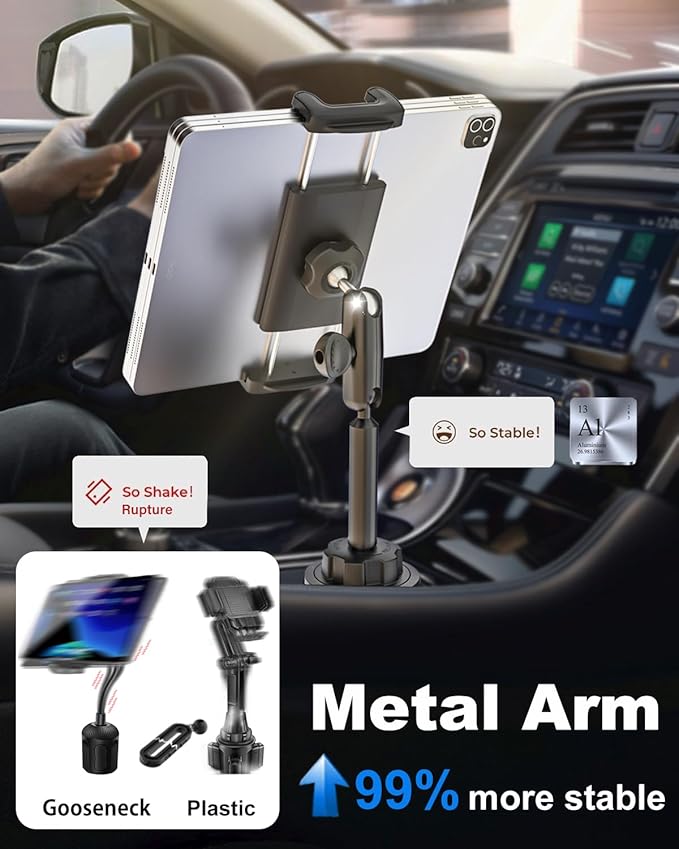 Cup Holder Tablet Mount for Car [Anti-Shake Metal Arm] Heavy Duty iPad Cup Holder Mount for Truck, Tesla, Vehicle, for iPad Pro 12.9 Air Mini Galaxy Z Fold iPhone, 4-13'' Cell Phone Tablets