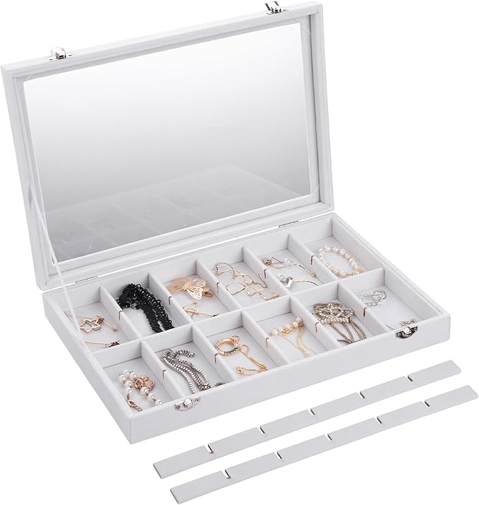 Frebeauty Velvet Jewelry Tray,24 Grid Jewelry Organizer with Clear Lid,Earring Holder Organizer with Clasp,Drawer Insert Ring
