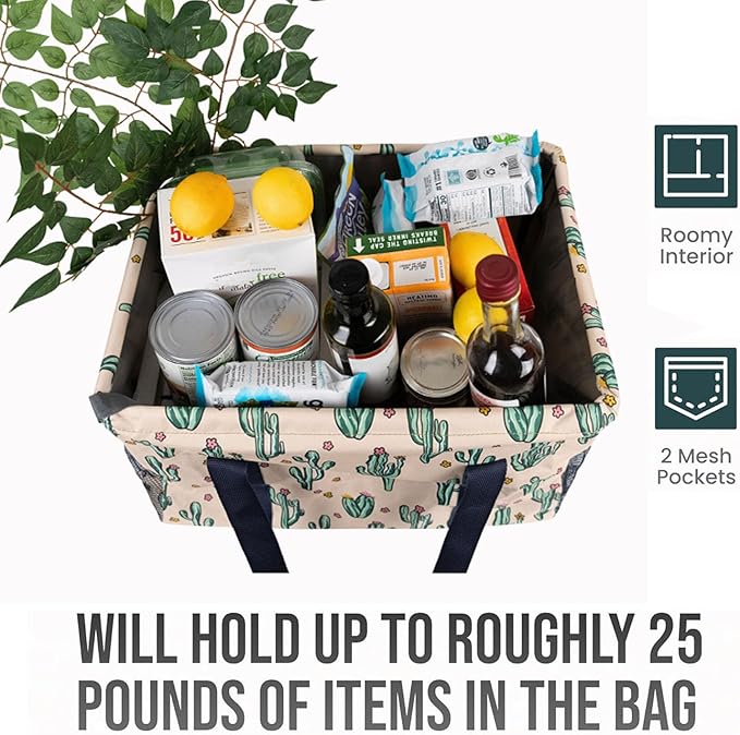 Extra Large Utility Tote Bag - Oversized Collapsible Tote with Wire Frame, Durable Reusable for Beach, Groceries, Laundry, Car Trunk, Storage and Travel - Includes 5x7 Bag with Hook - Cactus