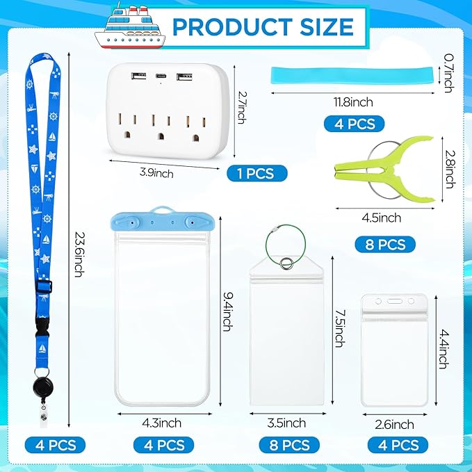 Cruise Essentials Kit Must Haves Set Include Cruise Luggage Tags Holder, Cruise Lanyards, Cruise Power Strip, Towel Bands and