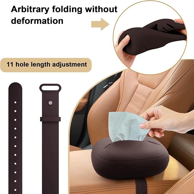 Car Tissue Holder, Silicone Tissue Box Cover with Adjustable Strap, Rectangular, Black, Dark Brown, Decorative, 7.4 * 5.1 * 2.5in