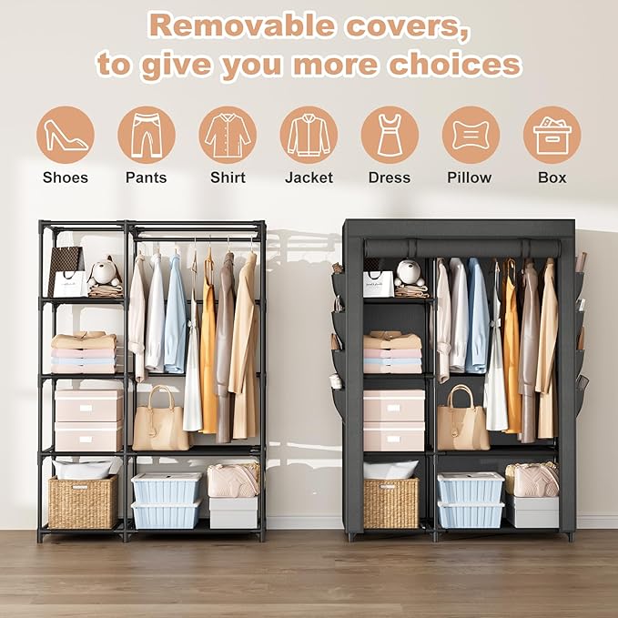 Portable Closets for Hanging Clothes, Wardrobe Closet with Hanging Rod and Clothing Storage Shelves, 8 Side Pockets, Free Sta