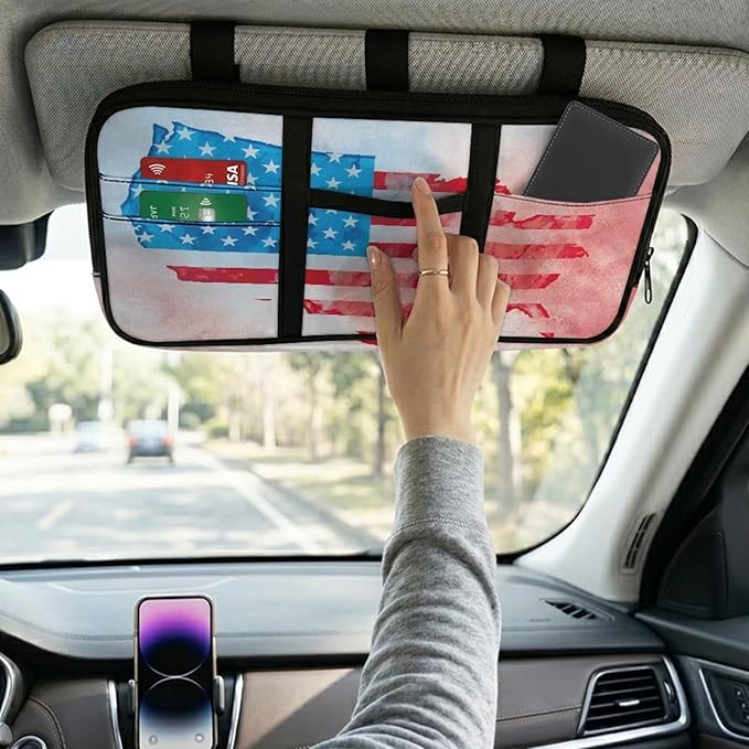Map of the United States Car Sun Visor Organizer,Card Sleeve Pocket with Double Zippers Adjustable Straps Auto Interior Accessories for SUV Truck Pickup