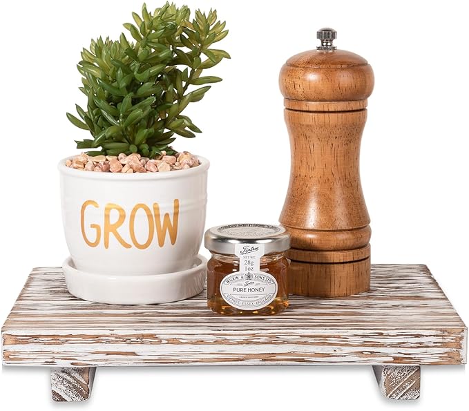zoocatia Small Wood Tray Pedestal Stand Farmhouse Bathroom Decor Decorative Wooden Riser Kitchen Soap Dish Holder for Vanity,