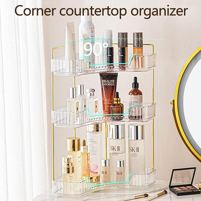 shuang qing 3-Tier Corner Bathroom Counter Organizer – Storage Shelf for Makeup, Perfume & Skincare, Space-Saving Countertop 