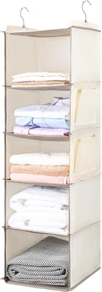 BOOMIBOO Hanging Closet Organize and Shelves，5-Hanging Shelf with 2 Side Pockets，Storage Foldable （2 Pack ，Beige）