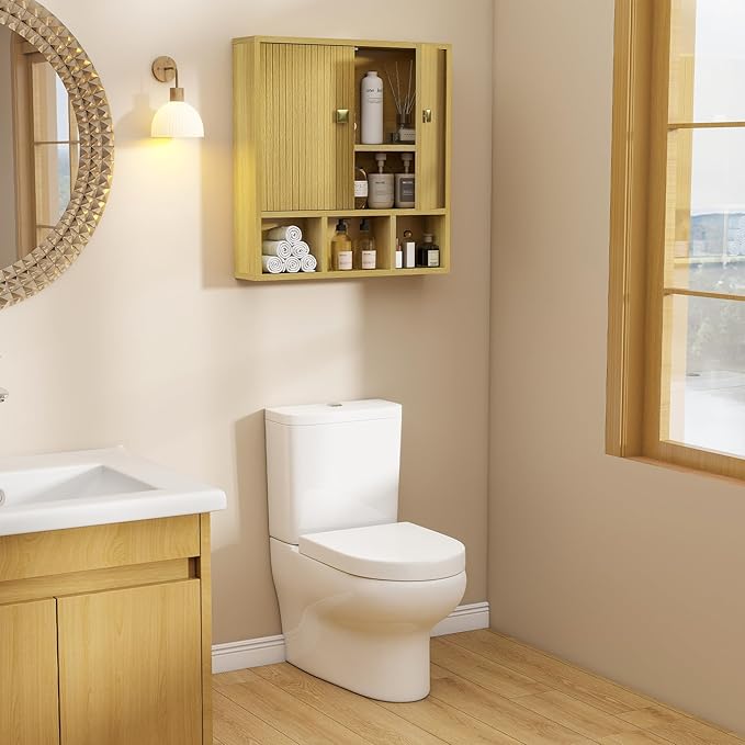 Bathroom Wall Cabinet,Wooden Medicine Cabinet with Fluted Doors Over The Toilet Storage Cabinet with Adjustable Shelf for Bat