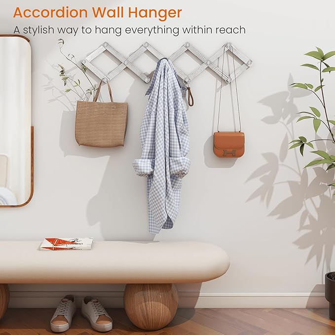 Homode Accordian Wall Hanger, Expandable Coat Rack Wall Mounted, Accordion Style Wood Hat Rack with 13 Peg Hooks for Hanging 