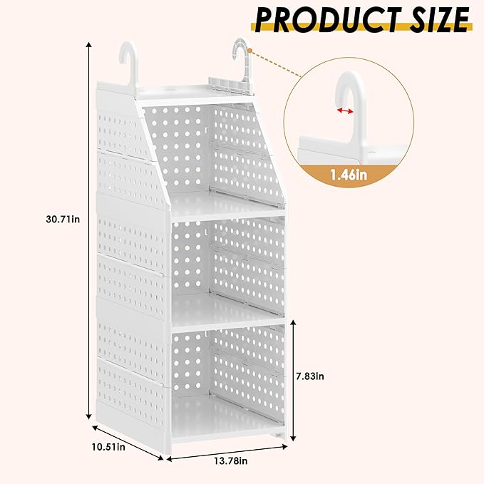 Honkazita 3-Tier Foldable Closet Hanging Organizer, Free-Standing | Hanging Closet Shelves for Wardrobe Laundry Room, Plastic
