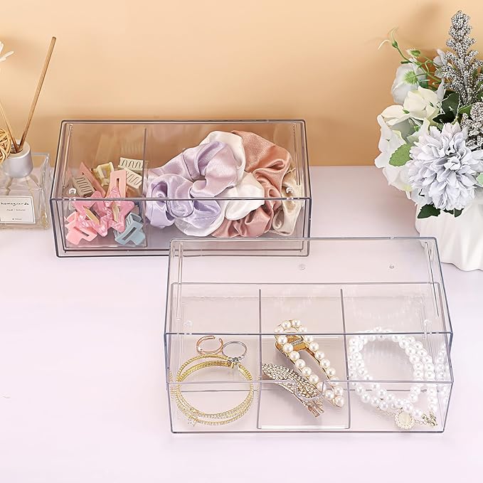 Hipiwe 2-Tier Acrylic Storage Drawer Stackable Box Hair Accessories Organizer Clear Desktop Organizer with Removable Dividers