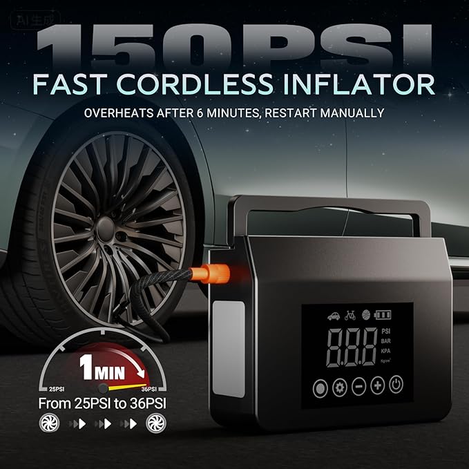 Hieha 4000A Portable Jump Starter with Air Compressor, 12V Car Battery Power (All Gas 8L Diesel) with 150PSI Tire Inflator