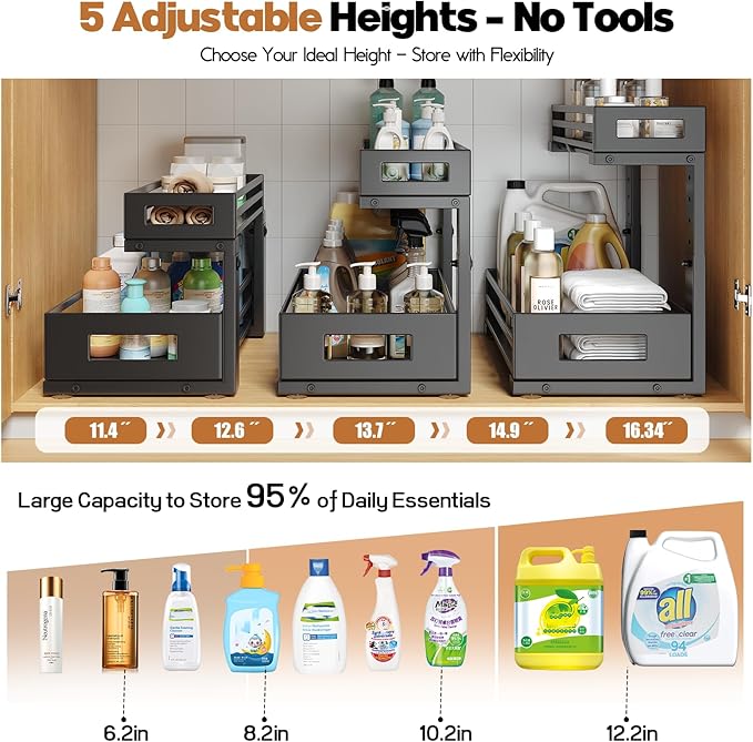 2-Pack Under Sink Organizer and Storage,2-Tier L Shape Pull Out Cabinet Organizer With Round Tube Slide Rails,Hight Adjustabl