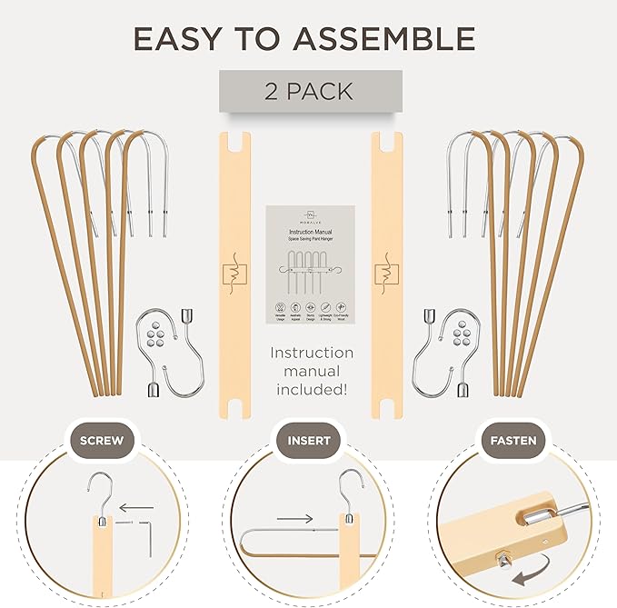 MORALVE Pants Hangers Space Saving - 2 Pack European Beechwood Scarf and Jean Hangers - Closet Organizer and Space Saver Pant
