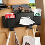 4-in-1 Back Seat Car Organizer, Upgraded Multifunctional Car Storage Box, Hanging Back Seat Storage Organizer, Partition Design, with Phone Holder, Tissue Box, 2 Cup Holders, 2 Hooks