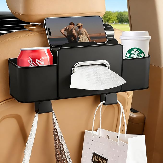 4-in-1 Back Seat Car Organizer, Upgraded Multifunctional Car Storage Box, Hanging Back Seat Storage Organizer, Partition Design, with Phone Holder, Tissue Box, 2 Cup Holders, 2 Hooks