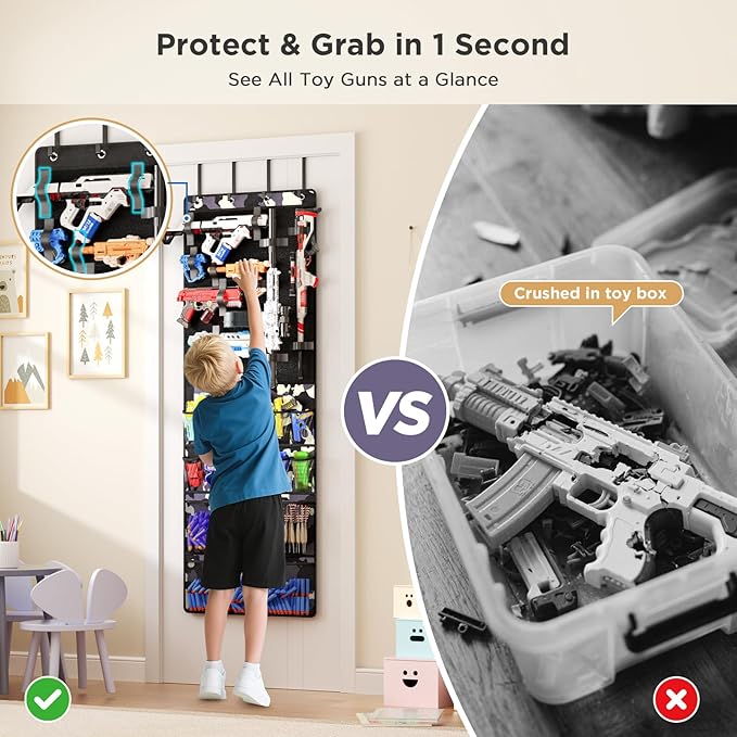 Over the Door Organizer for Toy Guns, Hanging Toy Guns Storage Organizer with Pockets and Slots for Kids Foam Blasters, Darts