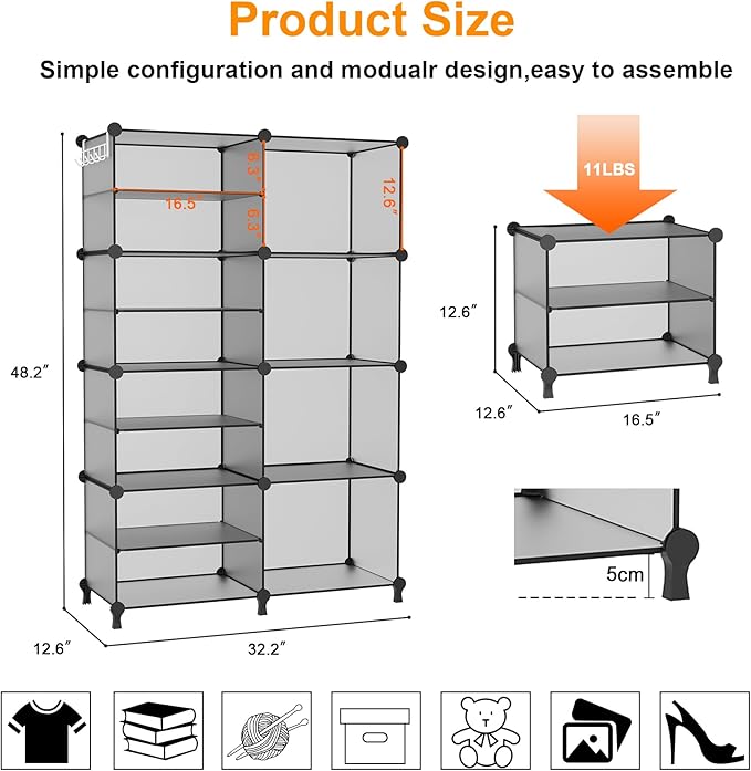 AWTATOS Closet Organizer 8 Cube Storage Shelves Clothes Organizers Stackable Cubby Shelving for Closet Bedroom Living Room Gr