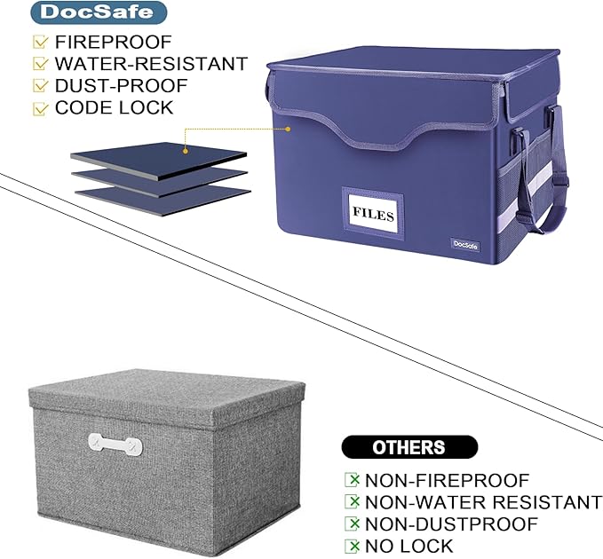 DocSafe Fireproof Document Box with Lock, File Storage Organizer with Mesh Pockets, Collapsible Portable File Box Home Office