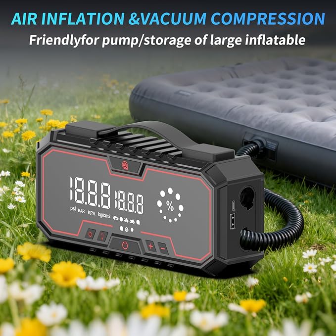 Jump Starter with air Compressor, 5000A Emergency Starter Jump Box (Gas 9L/Diesel 8L), Jumper Cable Jump Starter Portable with air Compressor 160PSI, car Roadside Emergency kit, SOS Light