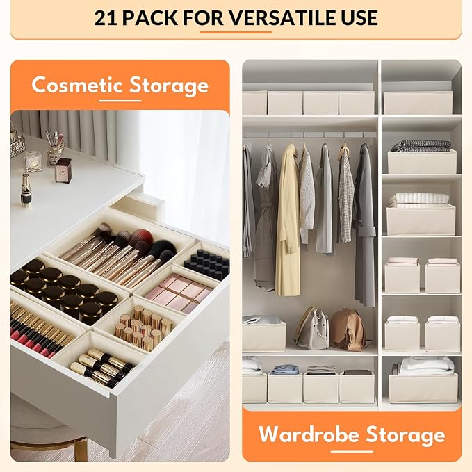 Premium Natural Linen Drawer Organizer Clothes, 21 Pack Dresser Organizer for Baby Clothes, Underwear, Socks, 3 Sizes Foldabl