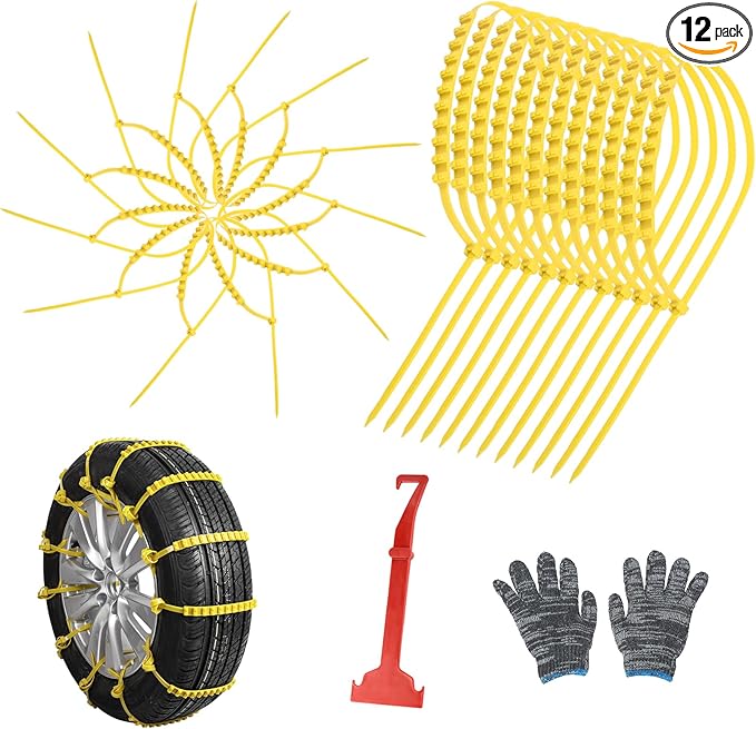 12 Pcs Snow Tire Chains - Portable Plastic Non-Slip Anti-Skid Traction Cables for Winter Driving/Fits Most Cars, SUV & Trucks