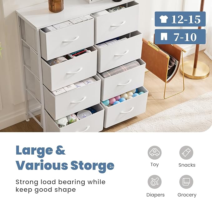 DUMOS Dresser for Bedroom with 8 Fabric Drawers, Tall Chest Organizer Units for Clothing, Closet, Kidsroom, Storage Tower wit
