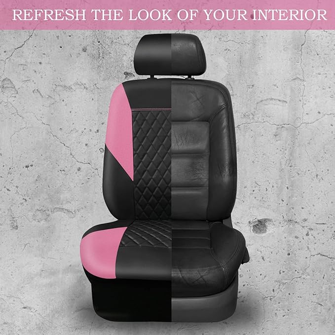 CAR PASS Pink Leather Seat Covers,Girly Quilting Pretty Cute Car Seat Cover with 5mm Composite Sponge Inside,Airbag Compatibl