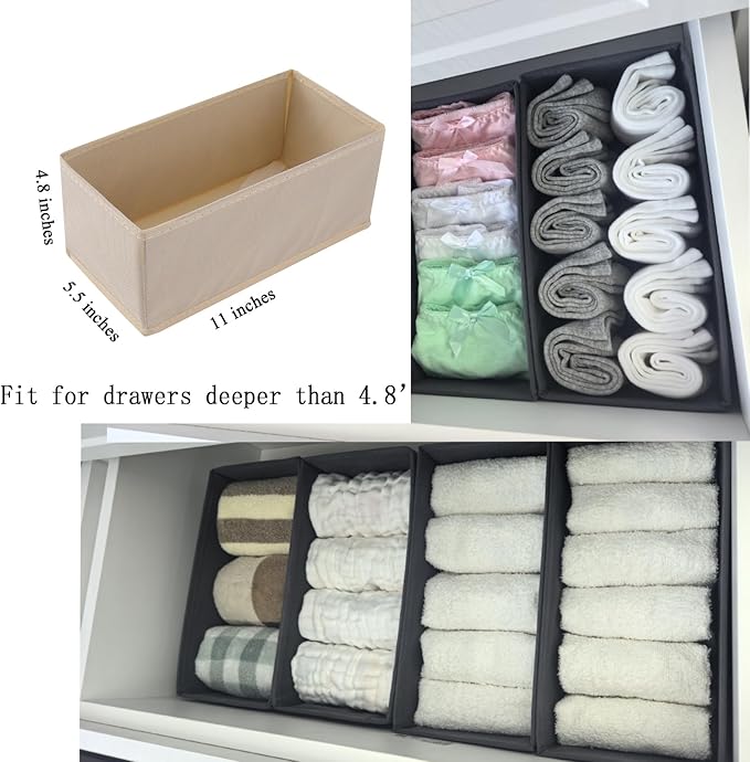 Bructhun Drawer Organizer Set of 4 Beige - Fabric Storage Bins for Clothes, Underwear, Socks & Bras - 11" Dresser Dividers fo