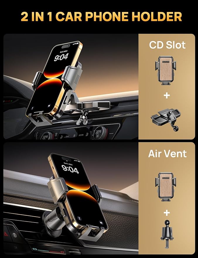 CD Slot Phone Mount, Upgraded Car Phone Holder [Thick Cases Friendly], 360° Adjustable Universal Phone Mount for Car CD Slot Mount for iPhone & Android Cell Phones (Gold)