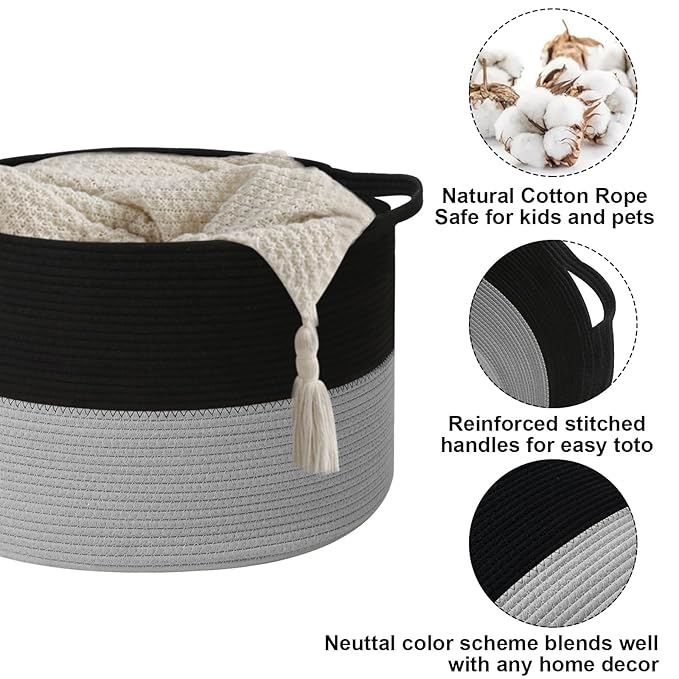 115L Large Blanket Basket,23.6"L x 23.6"W x 15.7"H Rope Woven Baskets with Handles, Toys Storage Bins,Laundry Basket Perfect 