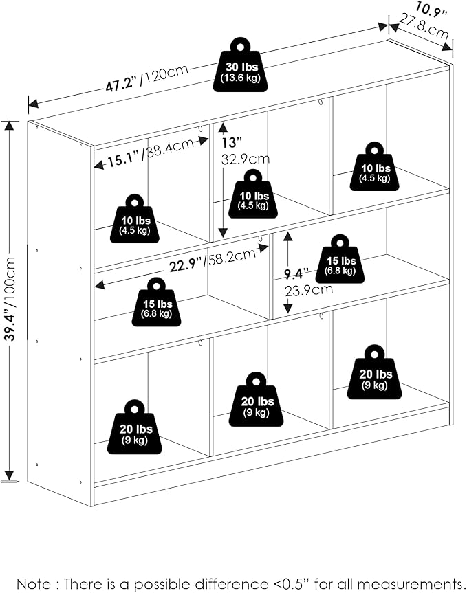 Furinno DALY Book Shelf, 8-Cube Bookshelf, Horizontal Cube Storage Organizer Bookcase, 10.9 x 47.2 x 39.4, for Living Room, B