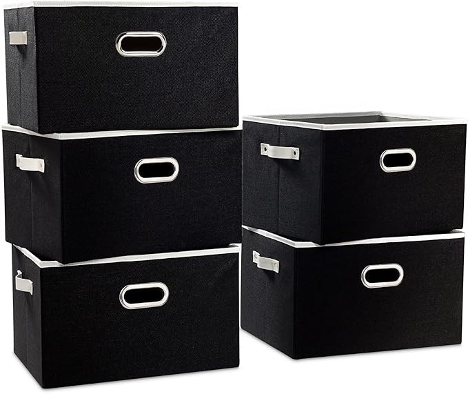 PRANDOM Larger Collapsible Storage Bins for Closet [5-pack] Decorative Linen Fabric Storage Baskets Cubes with Leather/Metal 