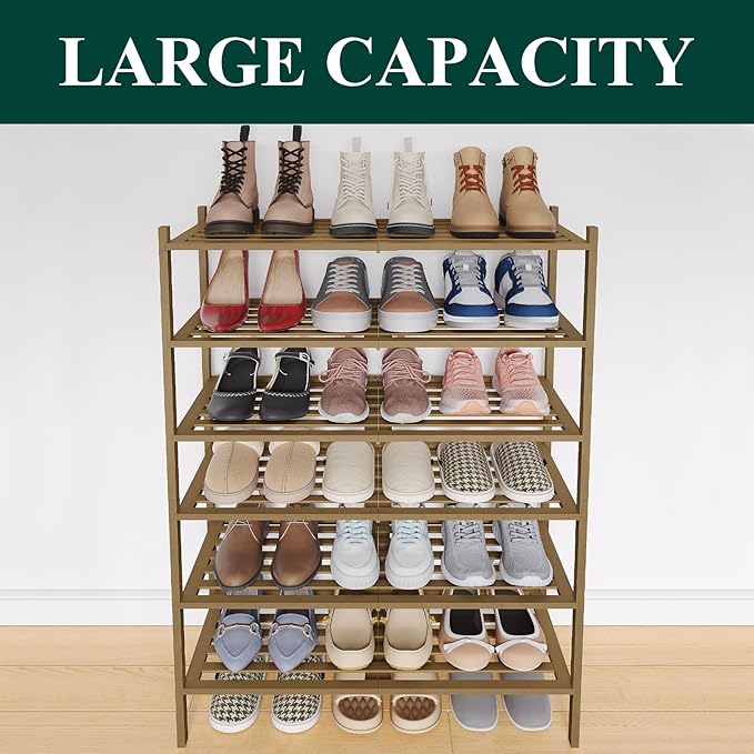 Smiry Bamboo Shoe Rack 6-Tier, Stackable Wooden Shoe Organizer for Entryway & Closet, Free Standing Wood Shoe Storage Shelf f