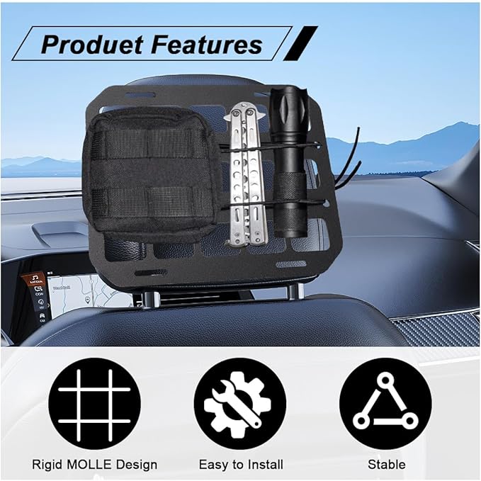 Vehicle Rigid MOLLE Panel, Headrest Organizer EDC Pouch Tool Holster, Tactical Gear Seat Back Rack Truck Equipment Mount Plate, Auto Interior Modular Storage Shelf Accessory (Headrest Panel)