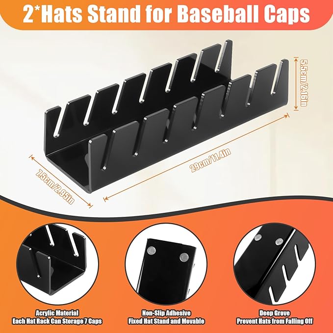 Hat Stand for Baseball Caps, 2 Pack No Install Acrylic Hat Organizer for 14 Baseball Caps Storage Organizer, Hat Racks Hat Ho