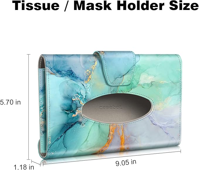 CaseBot Visor Tissue Holder - Sun Visor Napkin & Mask Holder, PU Leather Backseat Tissue Box for Truck & SUV, Emerald Marble
